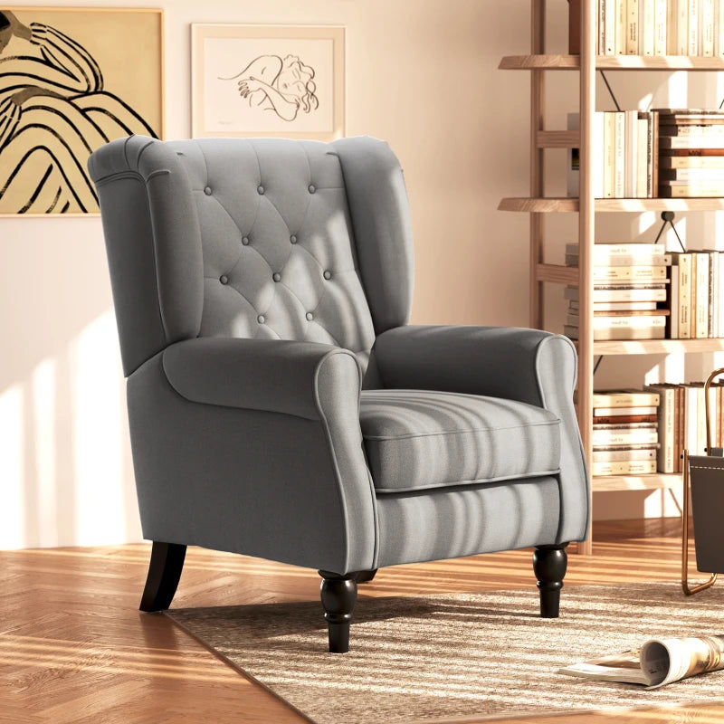 Retro Accent Chair, Linen Wingback Armchair with Wood Frame Button Tufted Design for Living Room Bedroom, Dark Grey