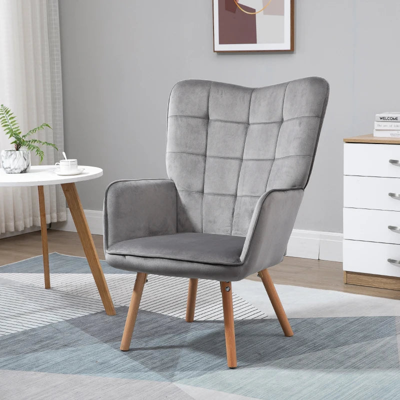 Modern Accent Chair, Upholstered Tufted Wingback Armchair with Seat Padding, Velvet Leisure Lounge Bedroom Chair with Wood Legs, Grey