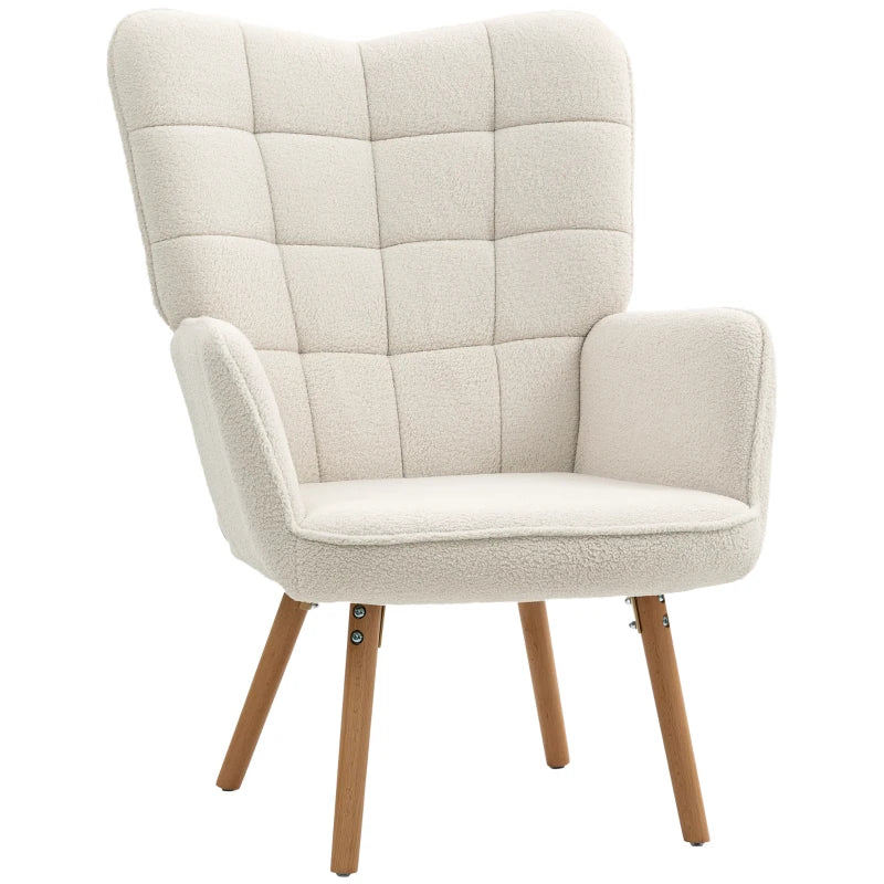 Modern Accent Chair, Upholstered Tufted Wingback Armchair with Seat Padding, Teddy Fleece Leisure Lounge Bedroom Chair with Wood Legs, Cream White