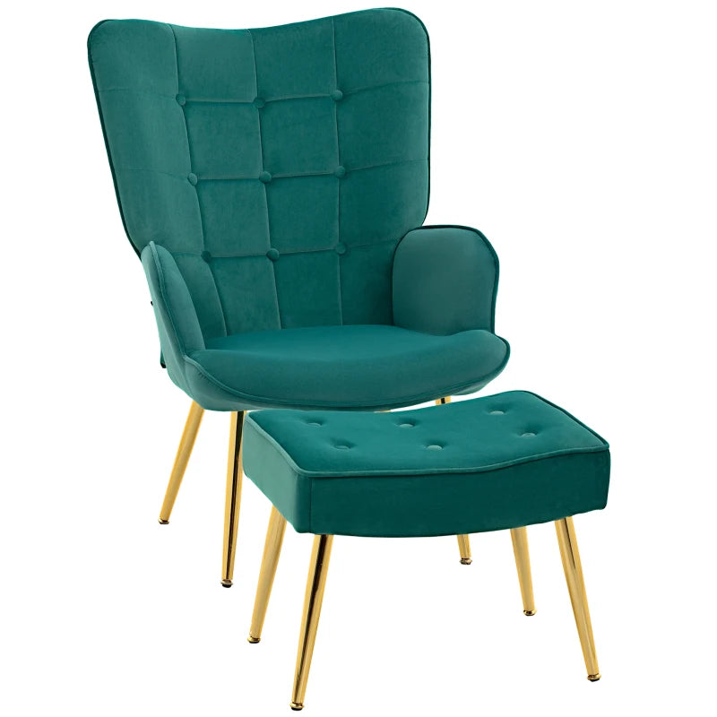 Modern Armchair with Footstool, Upholstered Accent Chair with Ottoman, Steel Legs, Velvet Wingback Chair for Living Room, Bedroom, Home Study, Dark Green
