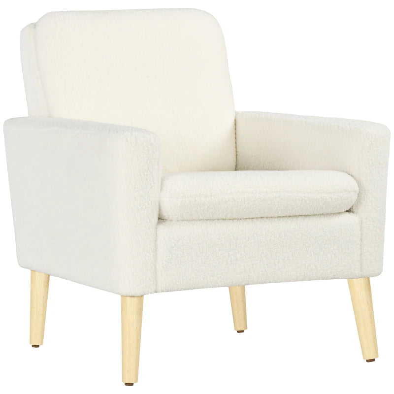 Armchair, Upholstered Accent Chair with Wood Legs and Wide Padded Seat, Teddy Occasional Chair, Cream White