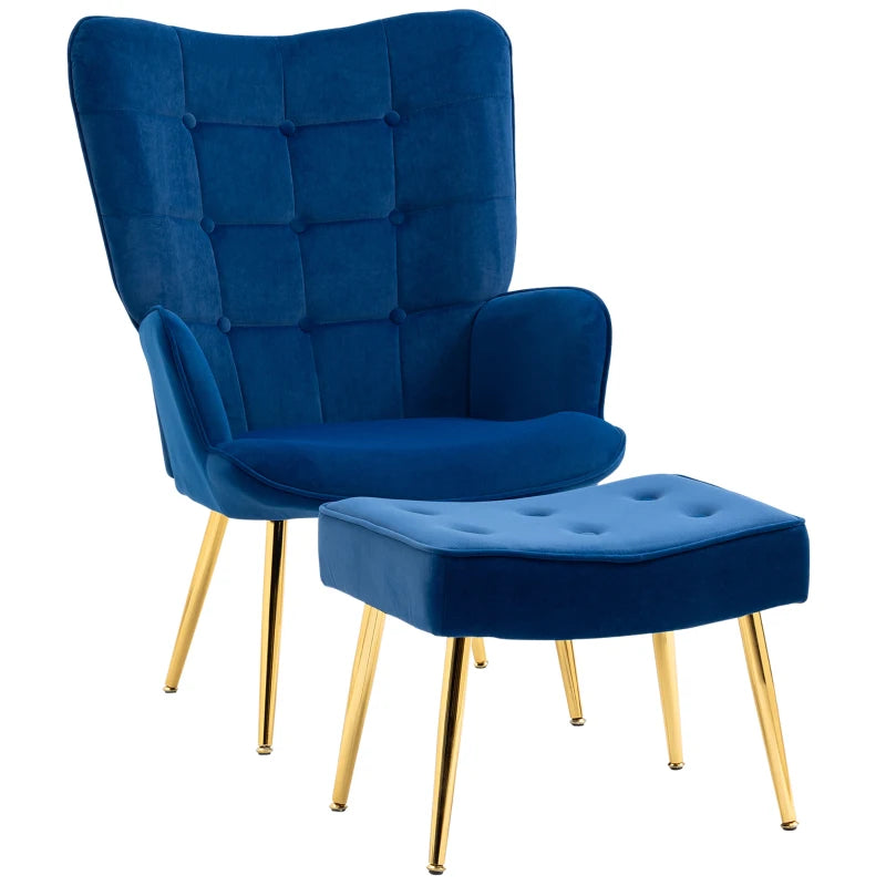 Modern Armchair with Footstool, Upholstered Accent Chair with Ottoman, Steel Legs, Velvet Wingback Chair for Living Room, Bedroom, Home Study, Dark Blue