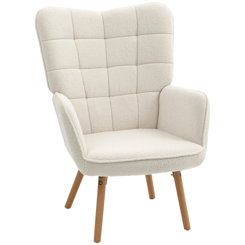 Modern Accent Chair, Upholstered Tufted Wingback Armchair with Seat Padding, Teddy Fleece Leisure Lounge Bedroom Chair with Wood Legs, Cream White
