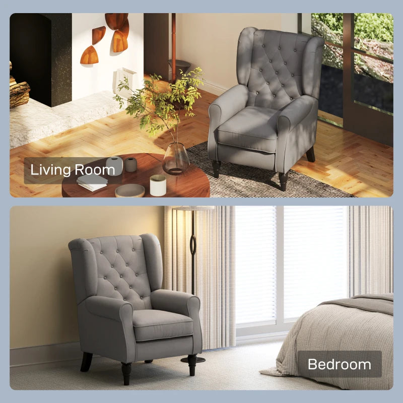 Retro Accent Chair, Linen Wingback Armchair with Wood Frame Button Tufted Design for Living Room Bedroom, Dark Grey