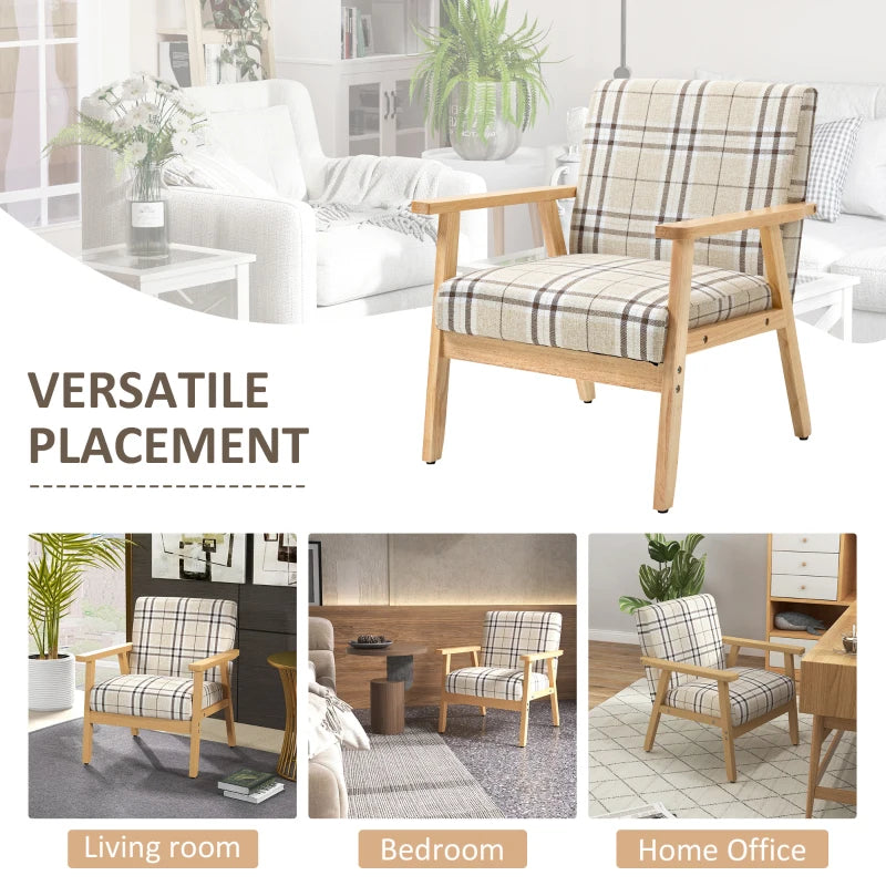 Modern One Seater Sofa for Living Room, Linen Fabric Small Couch with Rubber Wood Frame, Armrests, Lattice Pattern, Upholstered Armchair, Beige