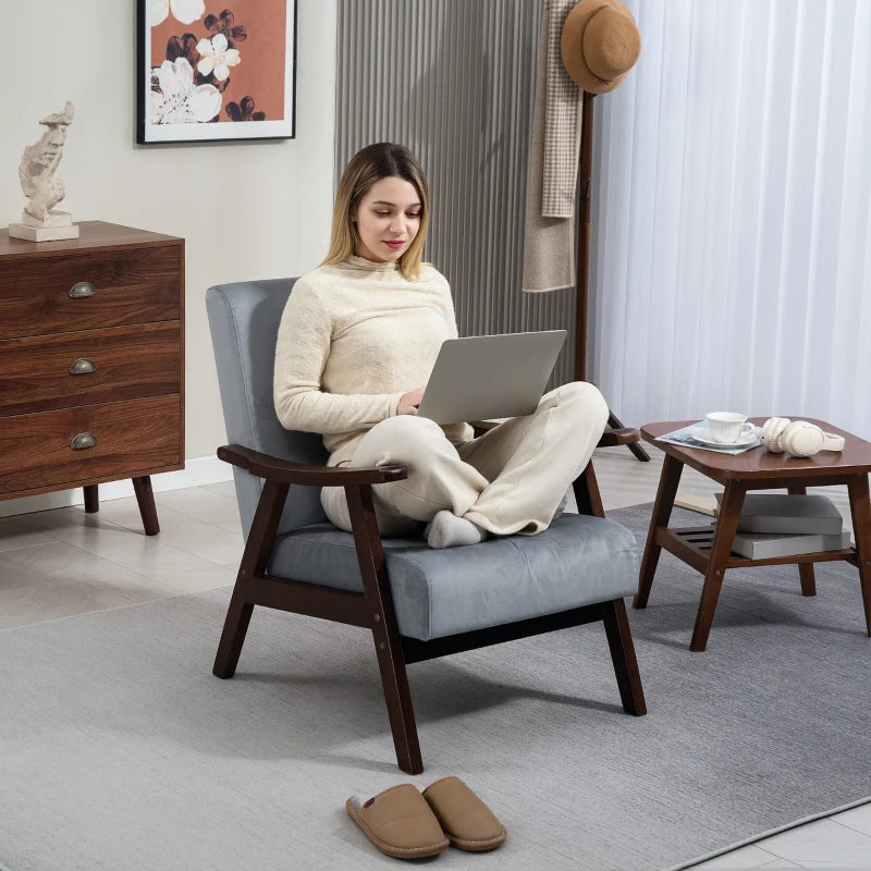 Nordic Accent Chair, Upholstered Velvet Armchair with Solid Wood Frame and Soft Thick Padded for Living Room, Bedroom, Grey