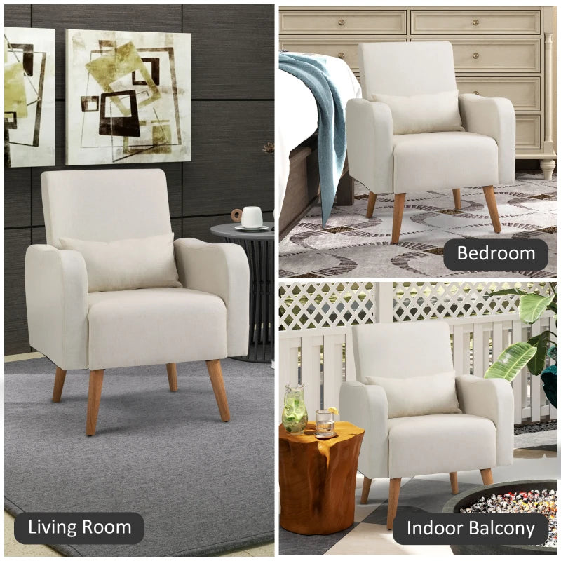 Accent Chair, Linen-Touch Armchair with Pillow, Upholstered Leisure Lounge Sofa for Living Room, Club Chair with Rubber Wooden Frame, Cream