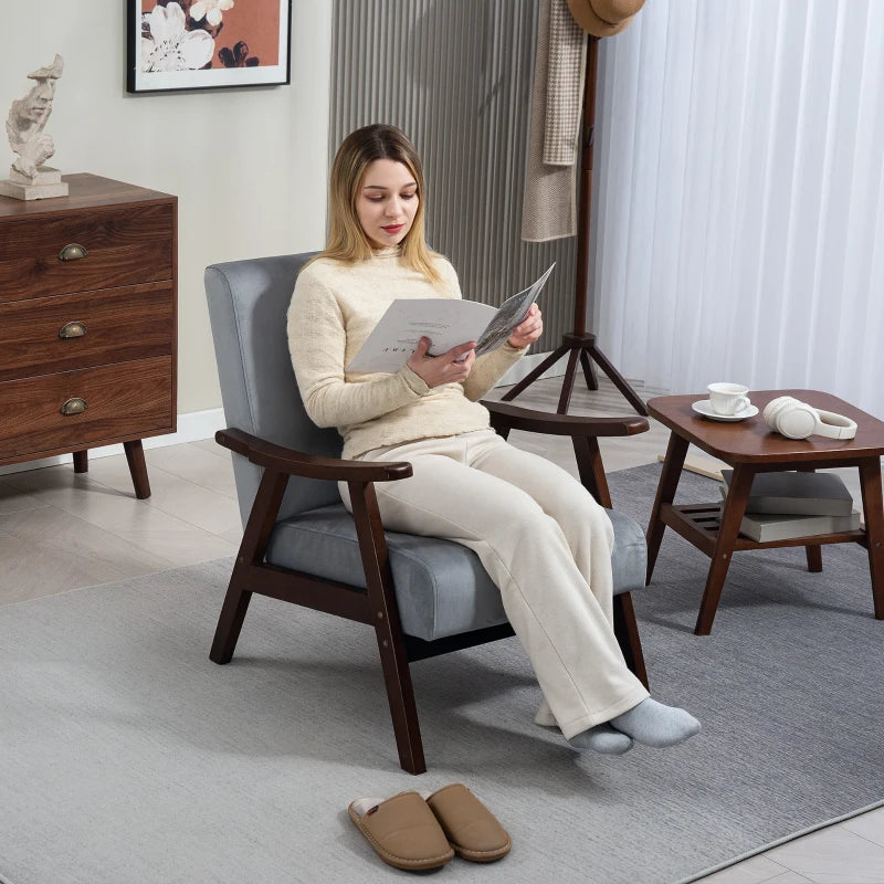 Nordic Accent Chair, Upholstered Velvet Armchair with Solid Wood Frame and Soft Thick Padded for Living Room, Bedroom, Grey