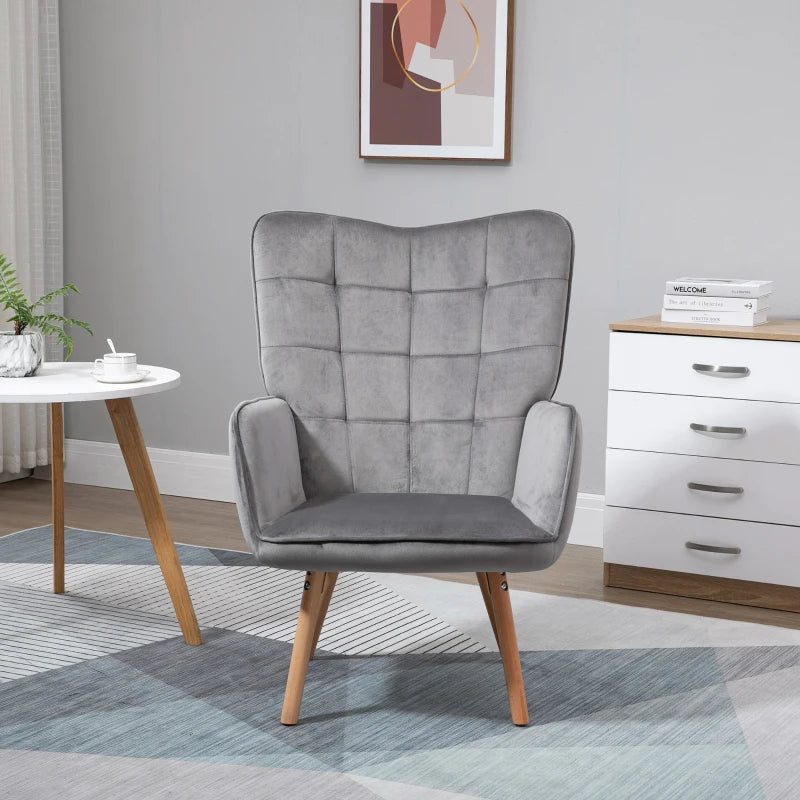 Modern Accent Chair, Upholstered Tufted Wingback Armchair with Seat Padding, Velvet Leisure Lounge Bedroom Chair with Wood Legs, Grey