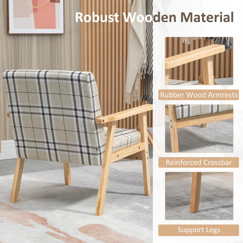Modern One Seater Sofa for Living Room, Linen Fabric Small Couch with Rubber Wood Frame, Armrests, Lattice Pattern, Upholstered Armchair, Beige