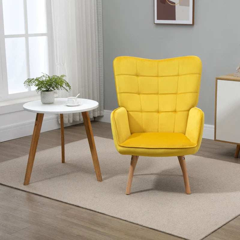 Modern Accent Chair, Upholstered Tufted Wingback Armchair with Seat Padding, Velvet Leisure Lounge Bedroom Chair with Wood Legs, Yellow