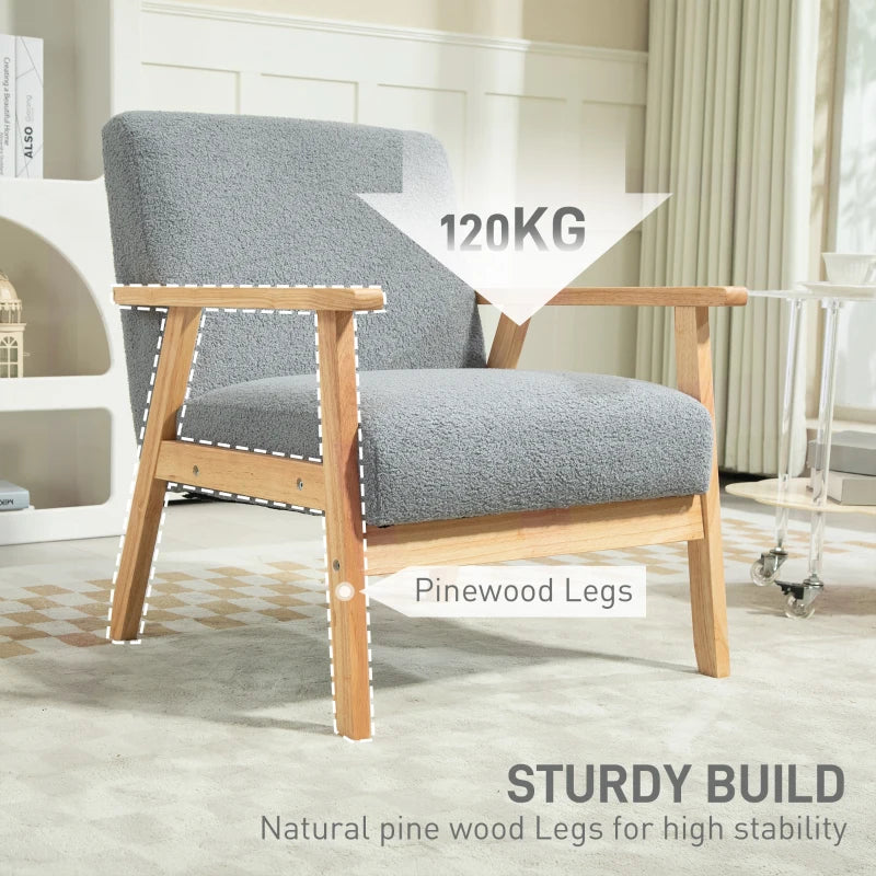Modern Armchair, Cashmere Upholstered Sofa with Solid Wood Legs and Wide Seat, Accent Chair for Living Room Bedroom Office, Grey