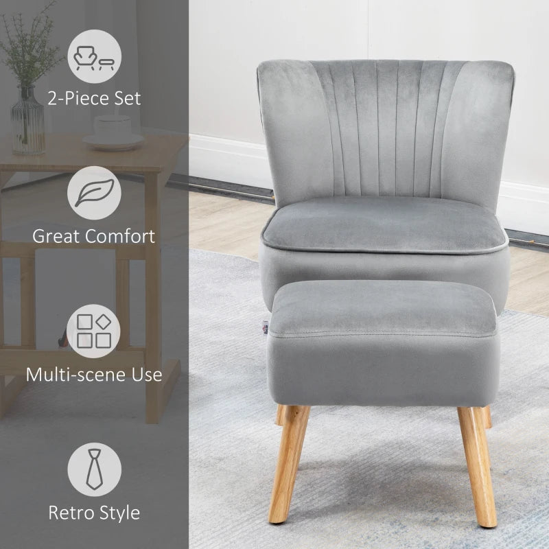 Velvet Accent Chair Occasional Tub Seat Padding Curved Back with Ottoman Wood Frame Legs Home Furniture Light Grey