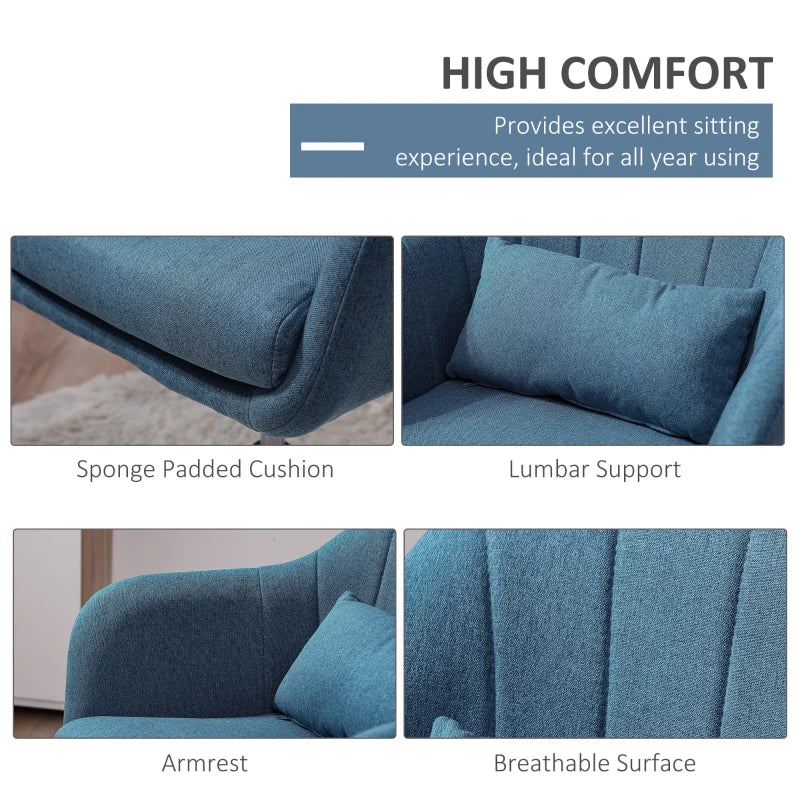 Swivel Linen Fabric Accent Chair for Living Room Contemporary Vanity Armchair with Adjustable Height Thick Cushion Lumbar Support Armrest for Bedroom Office Blue