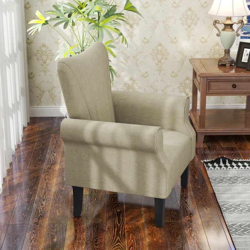 Upholstered Accent Chair with Rolled Arms and Wood Legs, Armchair for Living Room Bedroom, Beige
