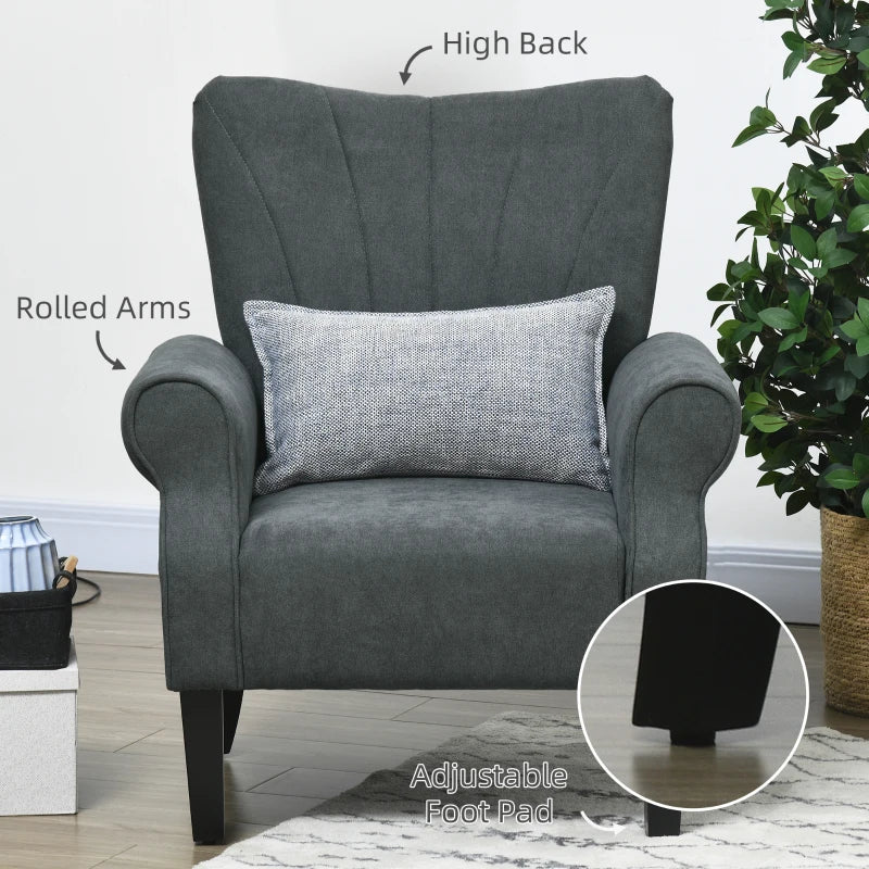 Upholstered Accent Chair with Rolled Arms and Wood Legs, Armchair for Living Room Bedroom, Grey