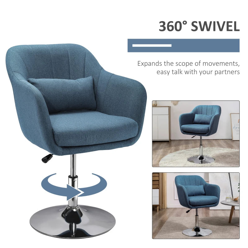 Swivel Linen Fabric Accent Chair for Living Room Contemporary Vanity Armchair with Adjustable Height Thick Cushion Lumbar Support Armrest for Bedroom Office Blue
