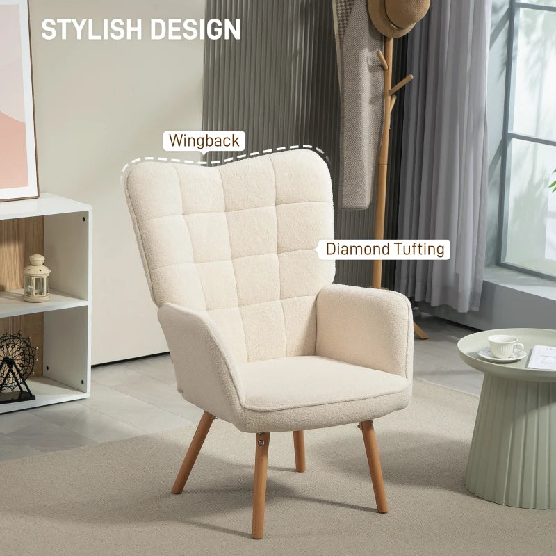 Modern Accent Chair, Upholstered Tufted Wingback Armchair with Seat Padding, Teddy Fleece Leisure Lounge Bedroom Chair with Wood Legs, Cream White
