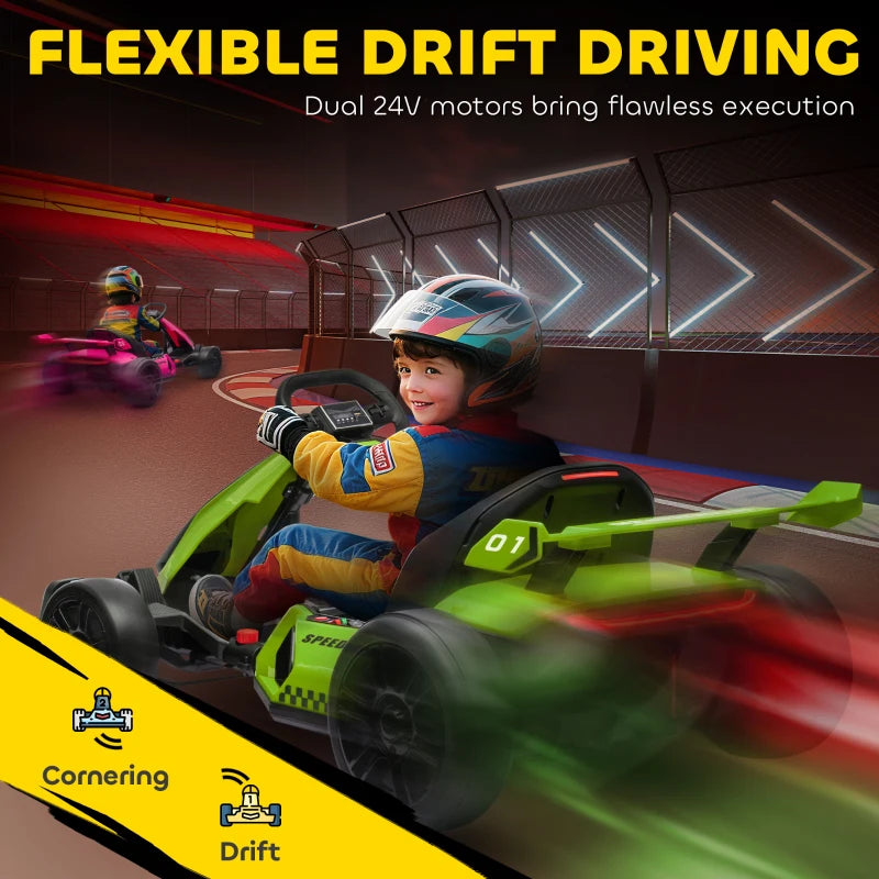 24V Electric Go Kart for Kids with Adjustable Seat for 6-12 Years, Green