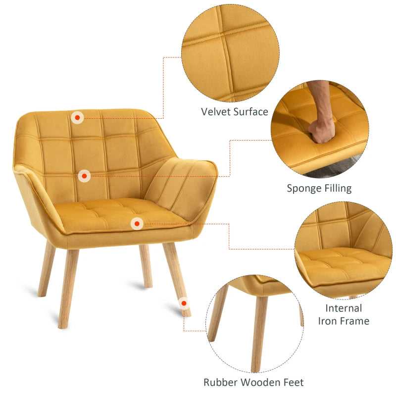 Modern Armchair, Accent Chair with Wide Arms, Slanted Back and Rubber Wood Legs for Living Room, Bedroom, Home Office Yellow