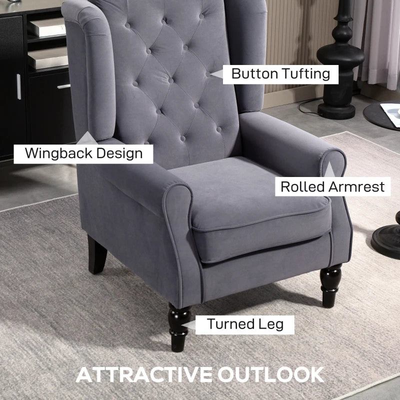 Wingback Accent Chair, Retro Upholstered Button Tufted Occasional Chair for Living Room and Bedroom, Charcoal Grey
