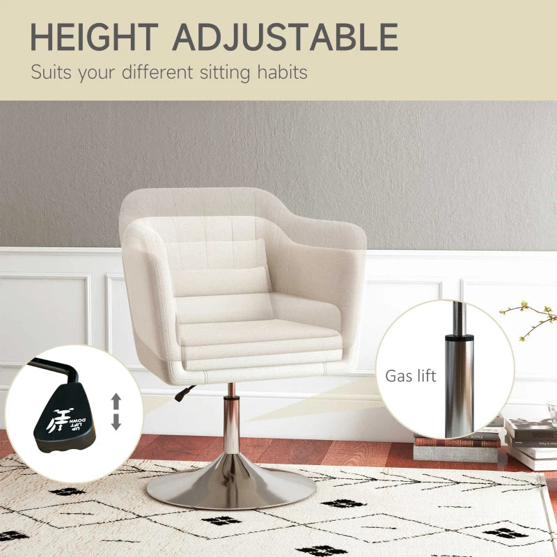 Modern Accent Chair with Swivel Base, Height Adjustable Arm Chair with Pillow for Living Room, Bedroom, Cream White