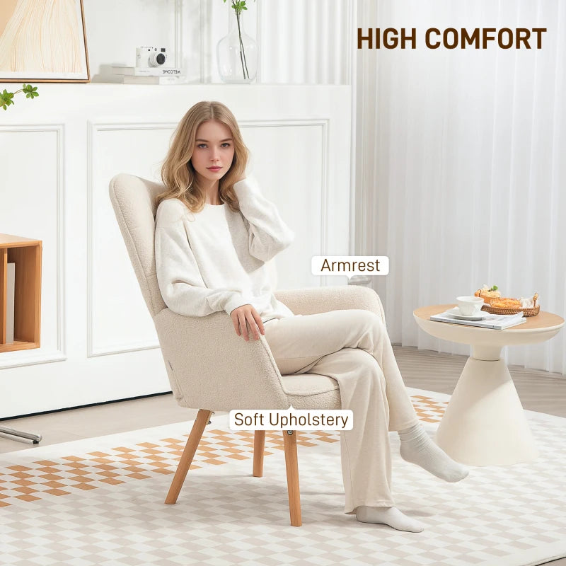 Modern Accent Chair, Upholstered Tufted Wingback Armchair with Seat Padding, Teddy Fleece Leisure Lounge Bedroom Chair with Wood Legs, Cream White