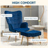 Modern Armchair with Footstool, Upholstered Accent Chair with Ottoman, Steel Legs, Velvet Wingback Chair for Living Room, Bedroom, Home Study, Dark Blue