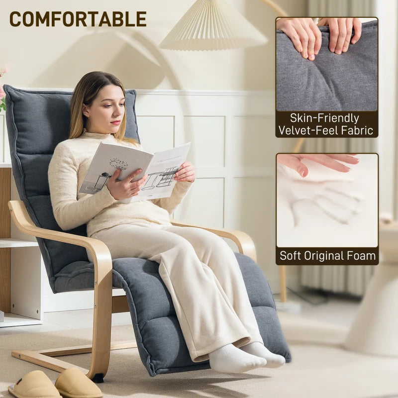 Curved Wooden Accent Chair, with Adjustable Footrest - Drak Grey