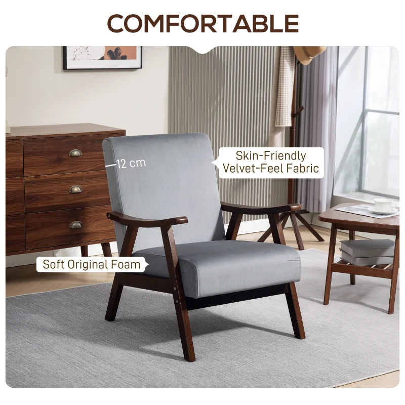 Nordic Accent Chair, Upholstered Velvet Armchair with Solid Wood Frame and Soft Thick Padded for Living Room, Bedroom, Grey