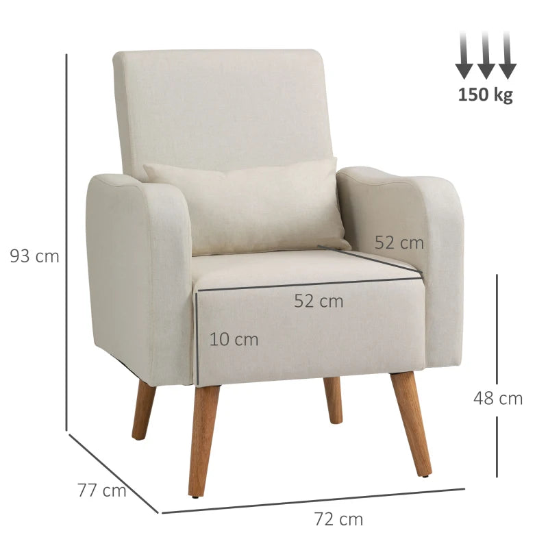 Accent Chair, Linen-Touch Armchair with Pillow, Upholstered Leisure Lounge Sofa for Living Room, Club Chair with Rubber Wooden Frame, Cream