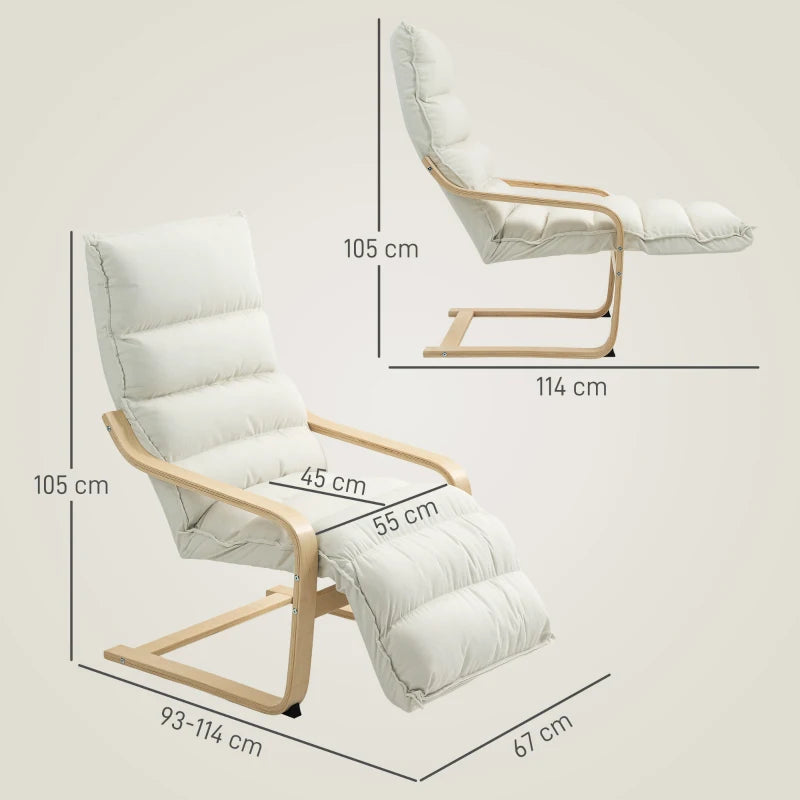 Curved Wooden Accent Chair, with Adjustable Footrest - Cream White