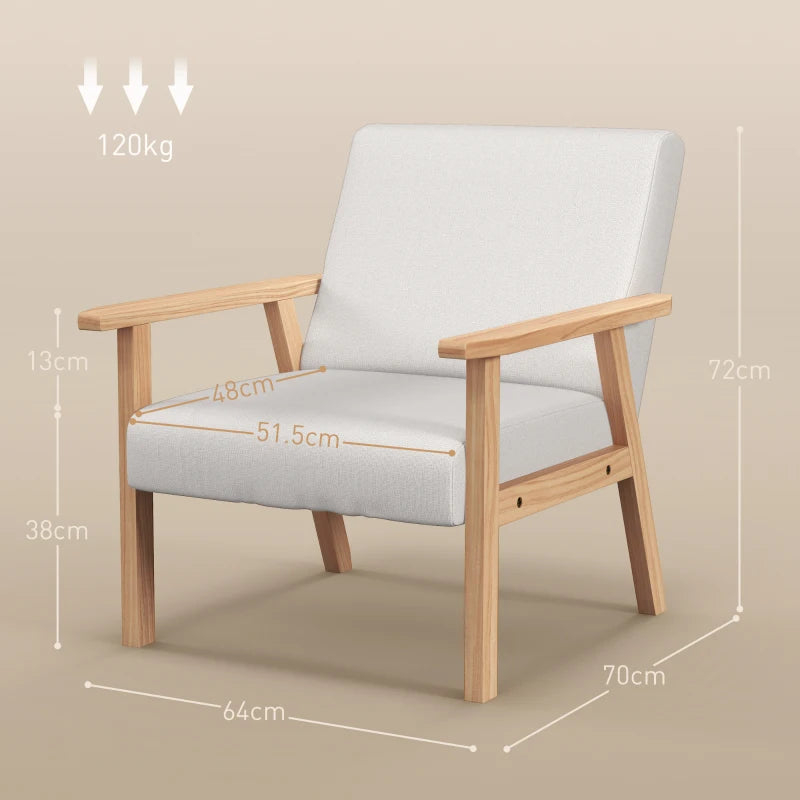 Modern Armchair, Linen Upholstered Sofa with Solid Wood Legs and Wide Seat, Accent Chair for Living Room Bedroom Office, Cream White