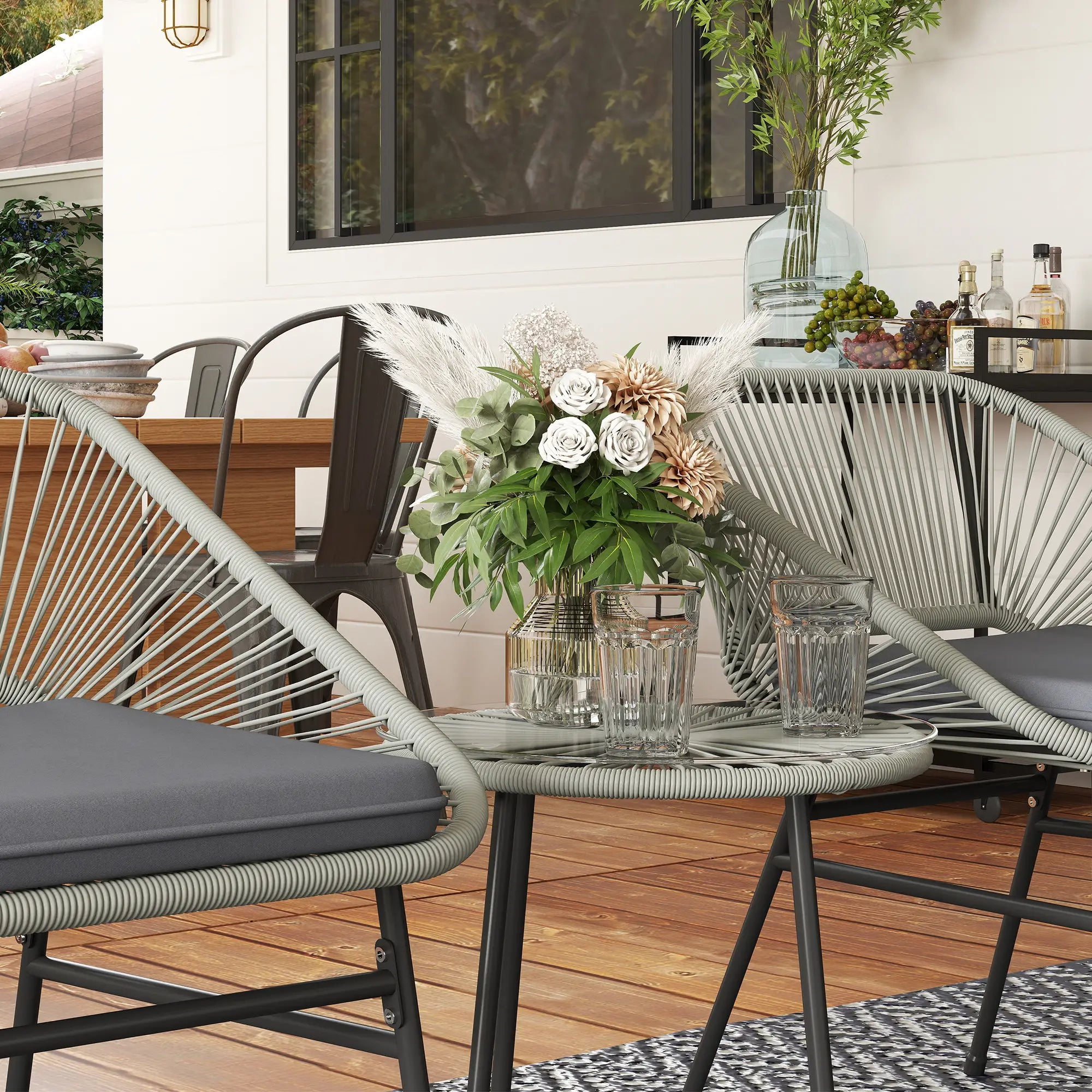 3 Pieces Rattan Bistro Set, Wicker Small Garden Table and Chairs Set with Cushions and Glass Top Coffee Table, Bistro Garden Furniture Set for Outdoor, Patio, Balcony, Light Grey