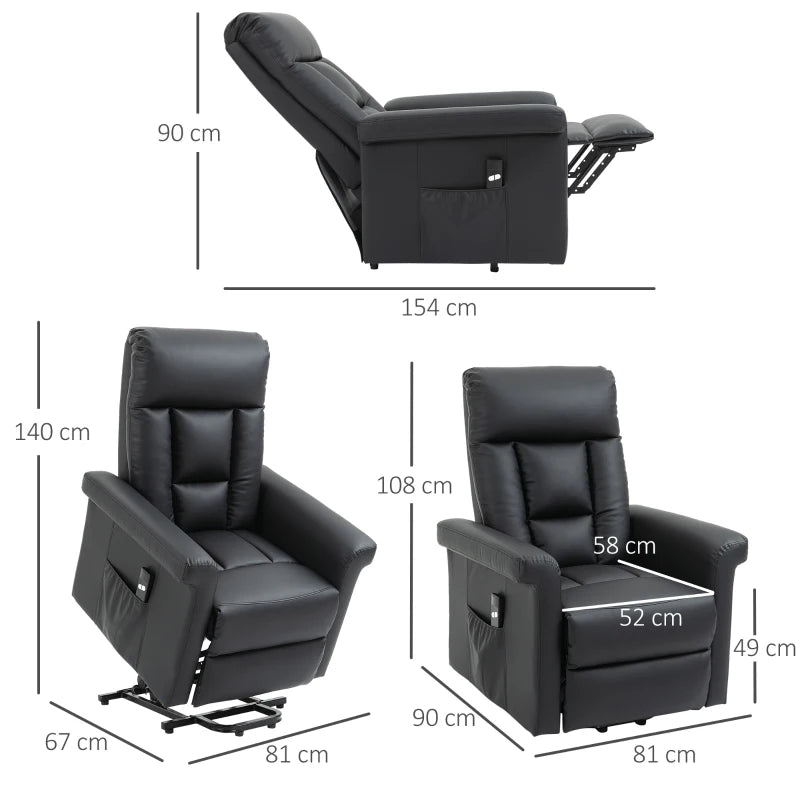 Power Lift Chair Armchair for the Elderly, PU Leather Recliner Chair with Extended Footrest, Remote Control and Side Pocket, Black