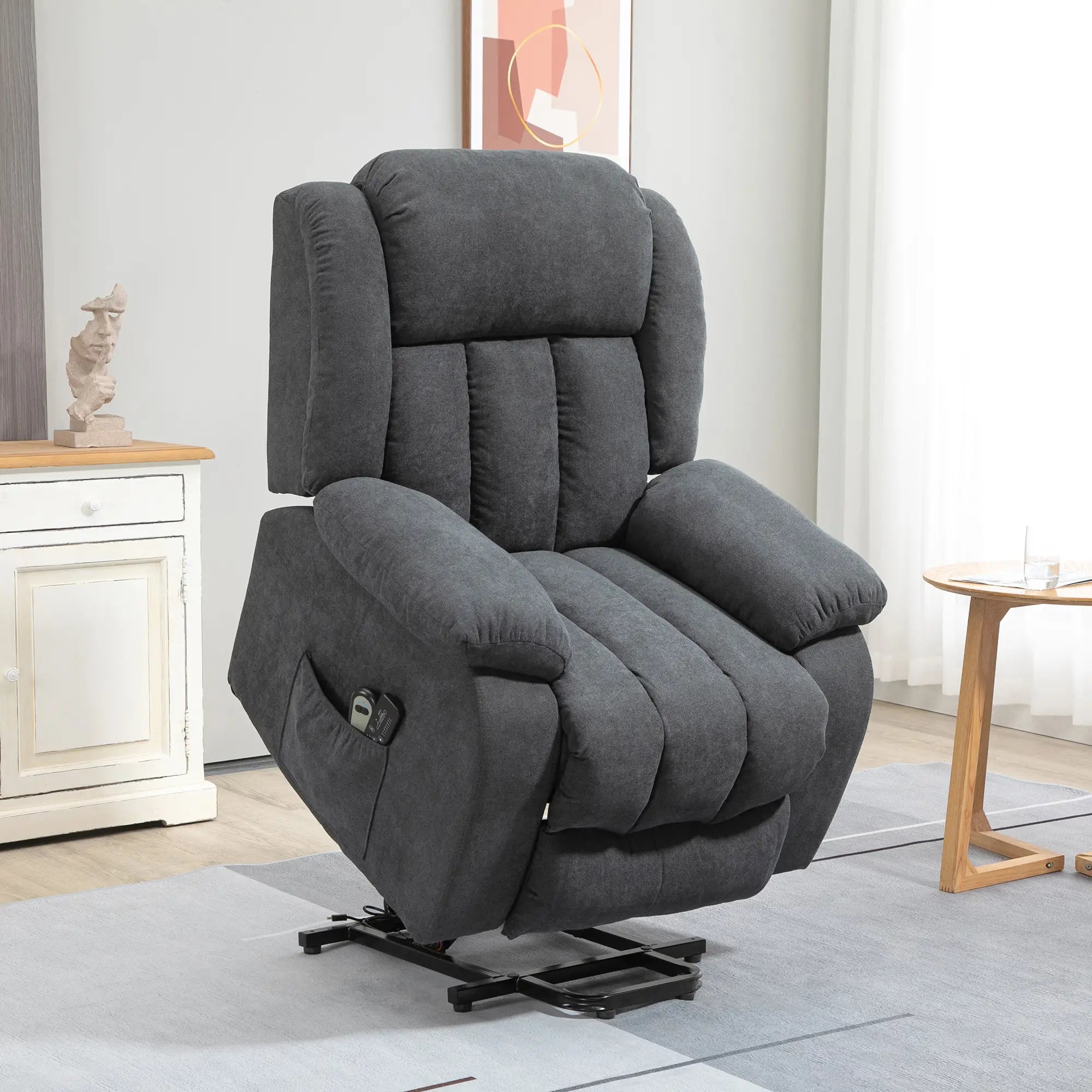 Oversized Riser and Recliner Chairs for the Elderly with 8 Vibration Massage, Large Fabric Upholstered Lift Chair for Living Room with Remote Control, Side Pocket, Footrest, Dark Grey