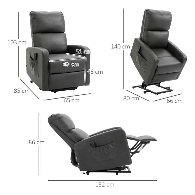 Riser and Recliner Chair for the Elderly, PU Leather Upholstered Lift Chair for Living Room with Remote Control, Side Pockets, Charcoal Grey