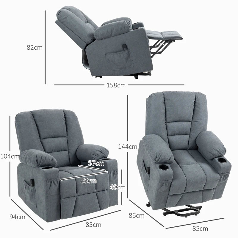 Oversized Riser and Recliner Chairs for the Elderly, Fabric Upholstered Lift Chair for Living Room with Remote Control, Side Pockets, Cup Holder, Grey