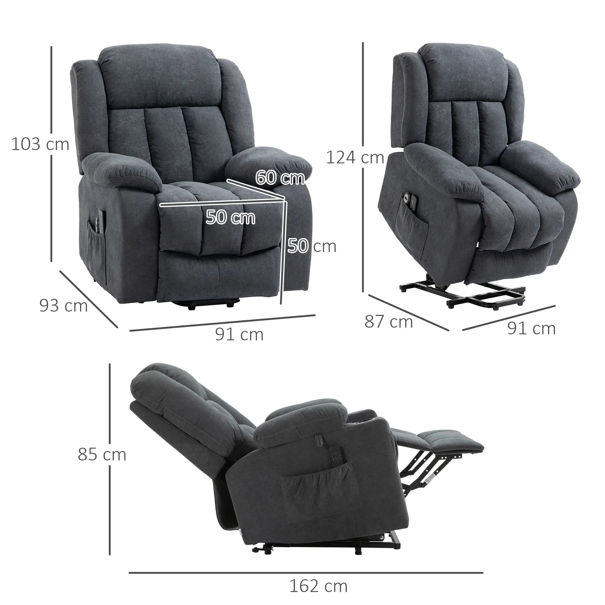 Oversized Riser and Recliner Chairs for the Elderly with 8 Vibration Massage, Large Fabric Upholstered Lift Chair for Living Room with Remote Control, Side Pocket, Footrest, Dark Grey