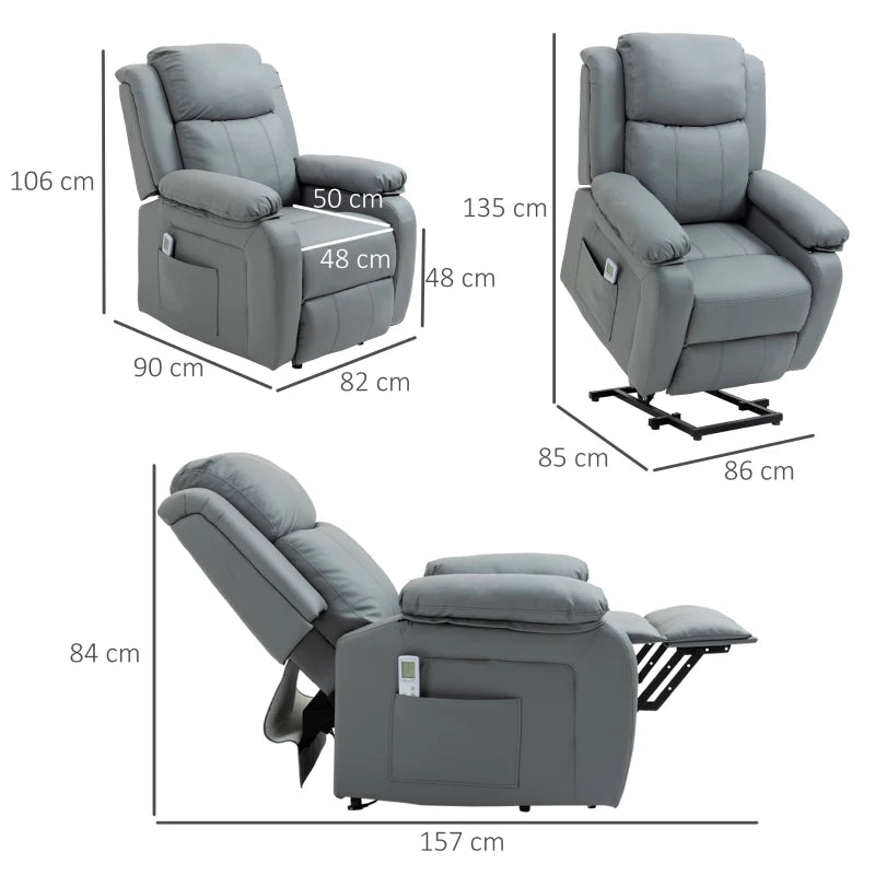 Riser and Recliner Chair with Massage, Heat, Power Lift Recliner Chair for Elderly with Remote Control, Extended Footrest, Dual Side Pockets, Overstuffed Electric Reclining Armchair, Grey