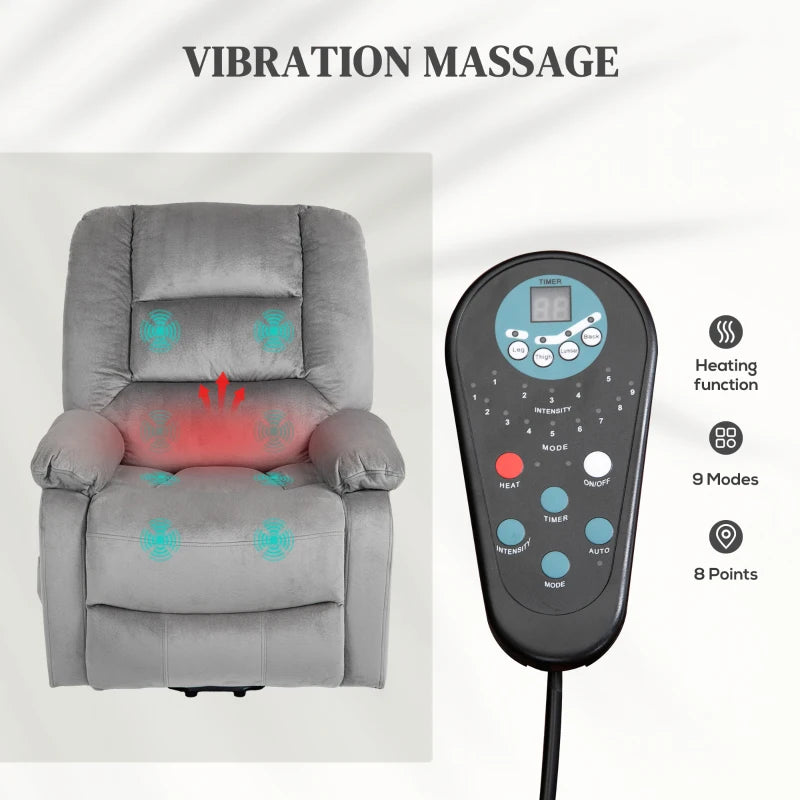 Velvet-Feel Electric Lift-and-Recline Massage Armchair, with Remote - Grey