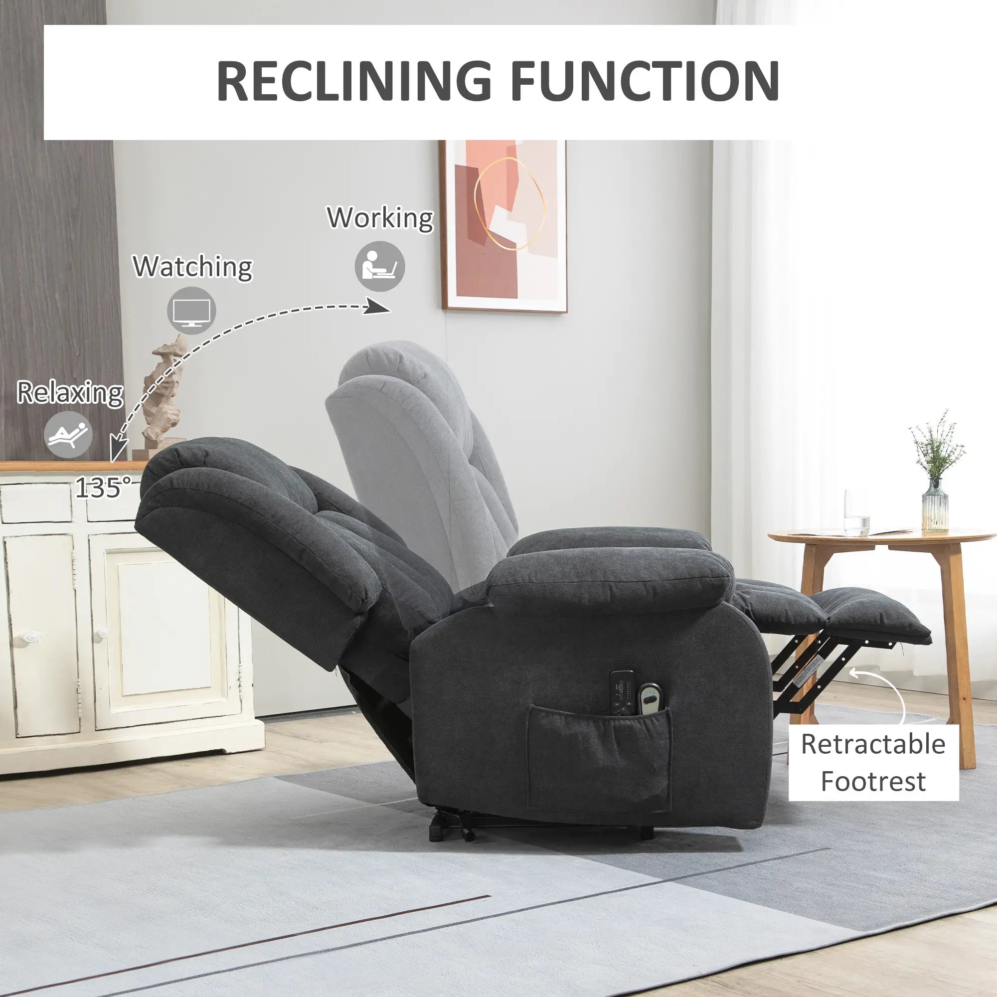 Oversized Riser and Recliner Chairs for the Elderly with 8 Vibration Massage, Large Fabric Upholstered Lift Chair for Living Room with Remote Control, Side Pocket, Footrest, Dark Grey