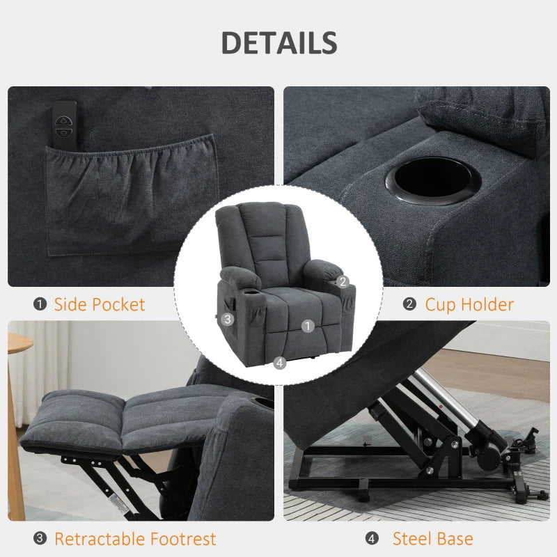 Oversized Riser and Recliner Chairs for the Elderly, Fabric Upholstered Lift Chair for Living Room with Remote Control, Side Pockets, Cup Holder,