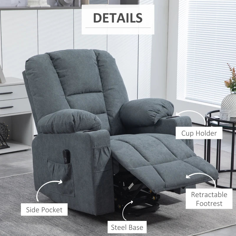 Oversized Riser and Recliner Chairs for the Elderly, Fabric Upholstered Lift Chair for Living Room with Remote Control, Side Pockets, Cup Holder, Grey