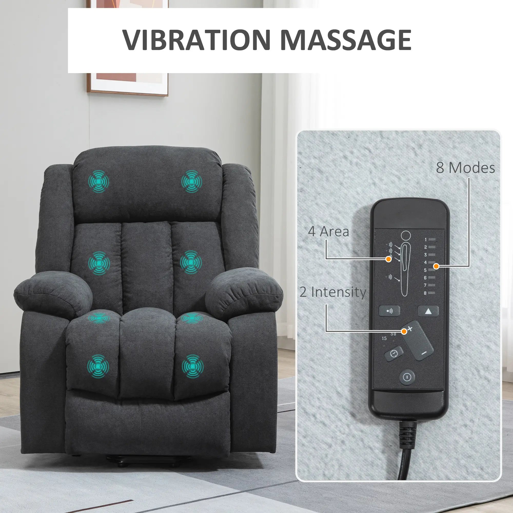 Oversized Riser and Recliner Chairs for the Elderly with 8 Vibration Massage, Large Fabric Upholstered Lift Chair for Living Room with Remote Control, Side Pocket, Footrest, Dark Grey