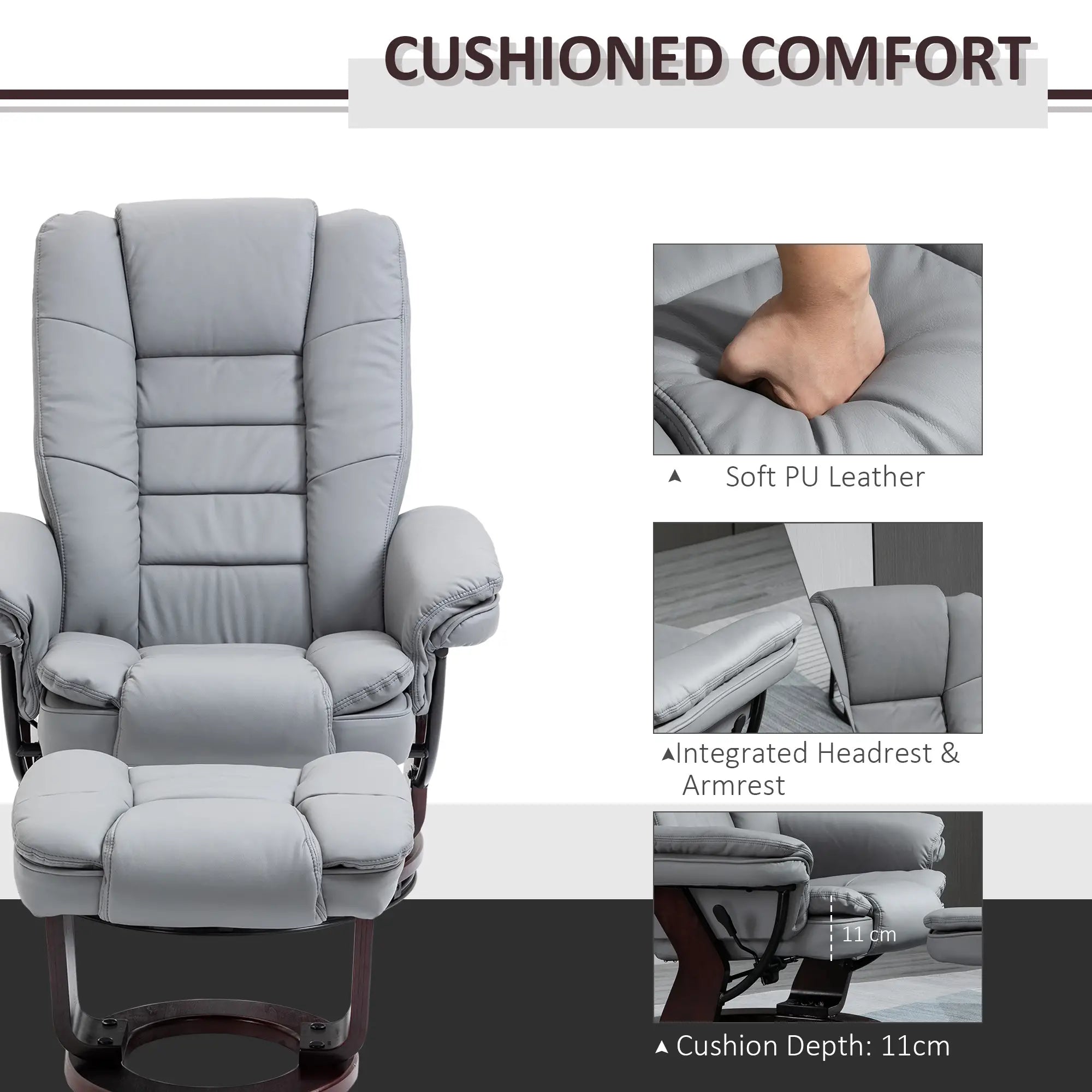 Recliner Chair With footstool, Recliner Armchair up to 130kg Weight Capacity, 135° Reclining Swivel Sofa Chair, PU Leather Ergonomic Couch Bed with Swivel Wood Base for Living Room, Grey