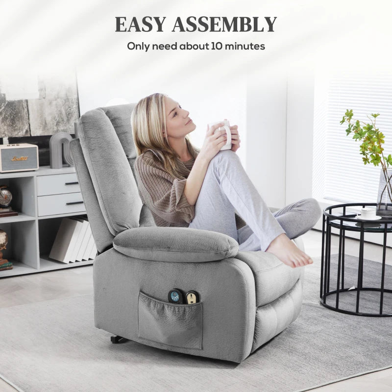 Velvet-Feel Electric Lift-and-Recline Massage Armchair, with Remote - Grey