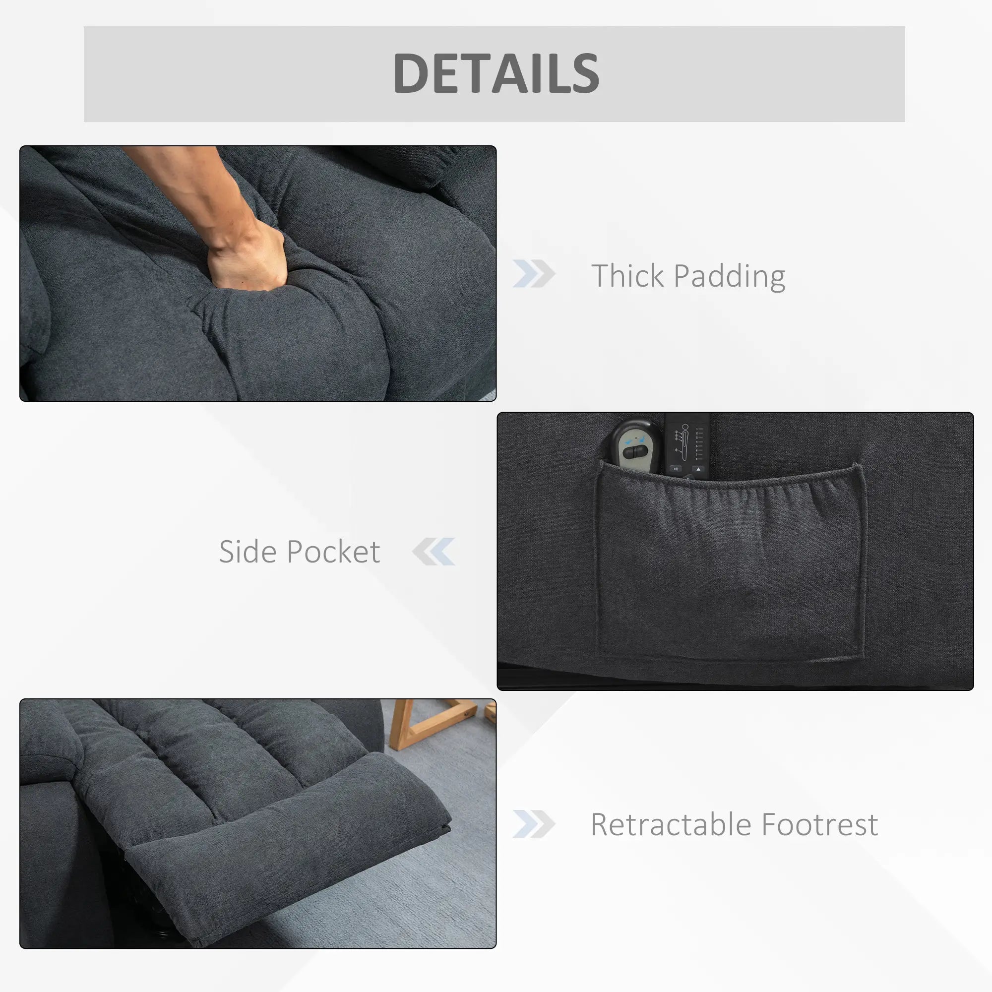 Oversized Riser and Recliner Chairs for the Elderly with 8 Vibration Massage, Large Fabric Upholstered Lift Chair for Living Room with Remote Control, Side Pocket, Footrest, Dark Grey