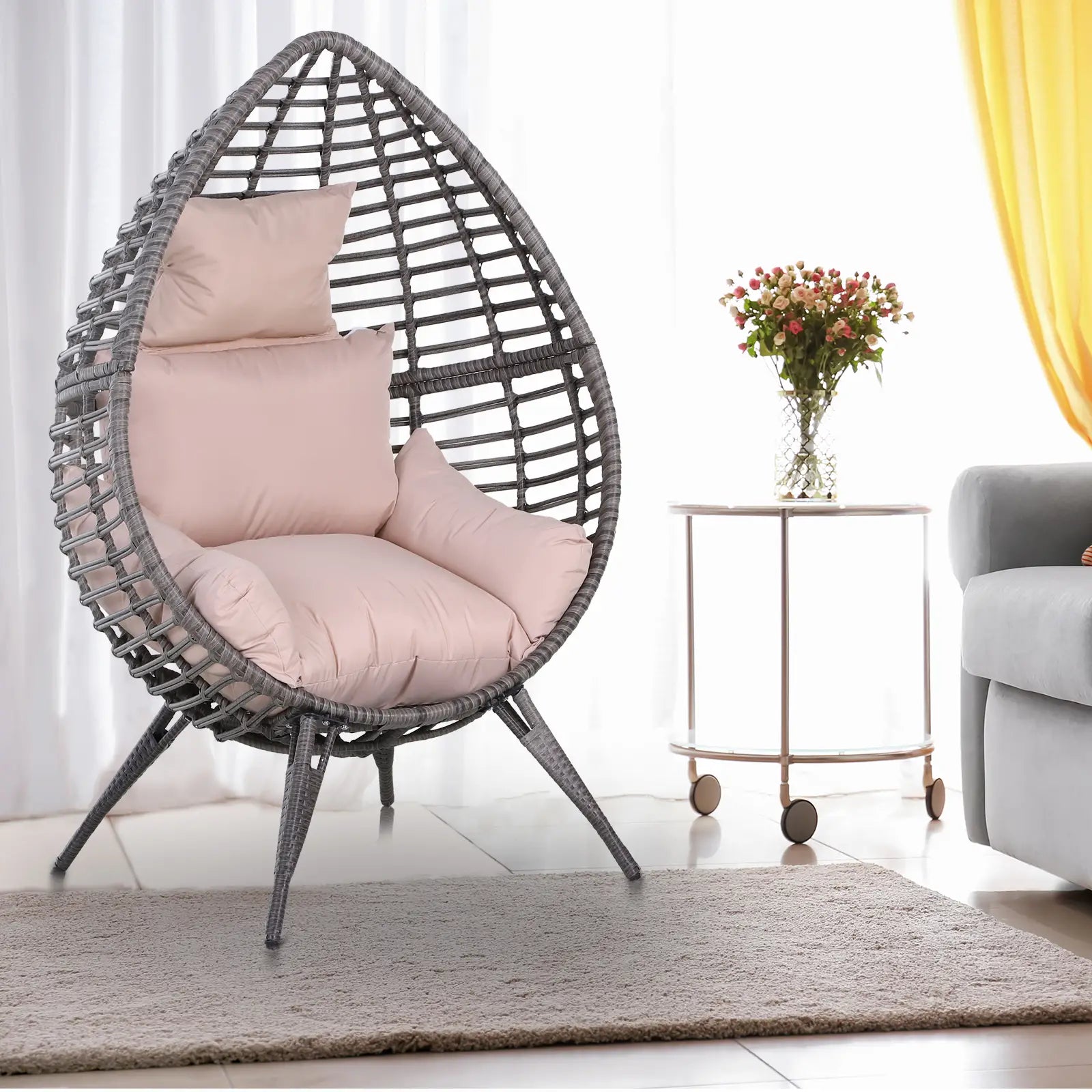 Garden Egg Chair, Teardrop Outdoor PE Rattan Chair with Full-body Soft Padded Cushion, Grey