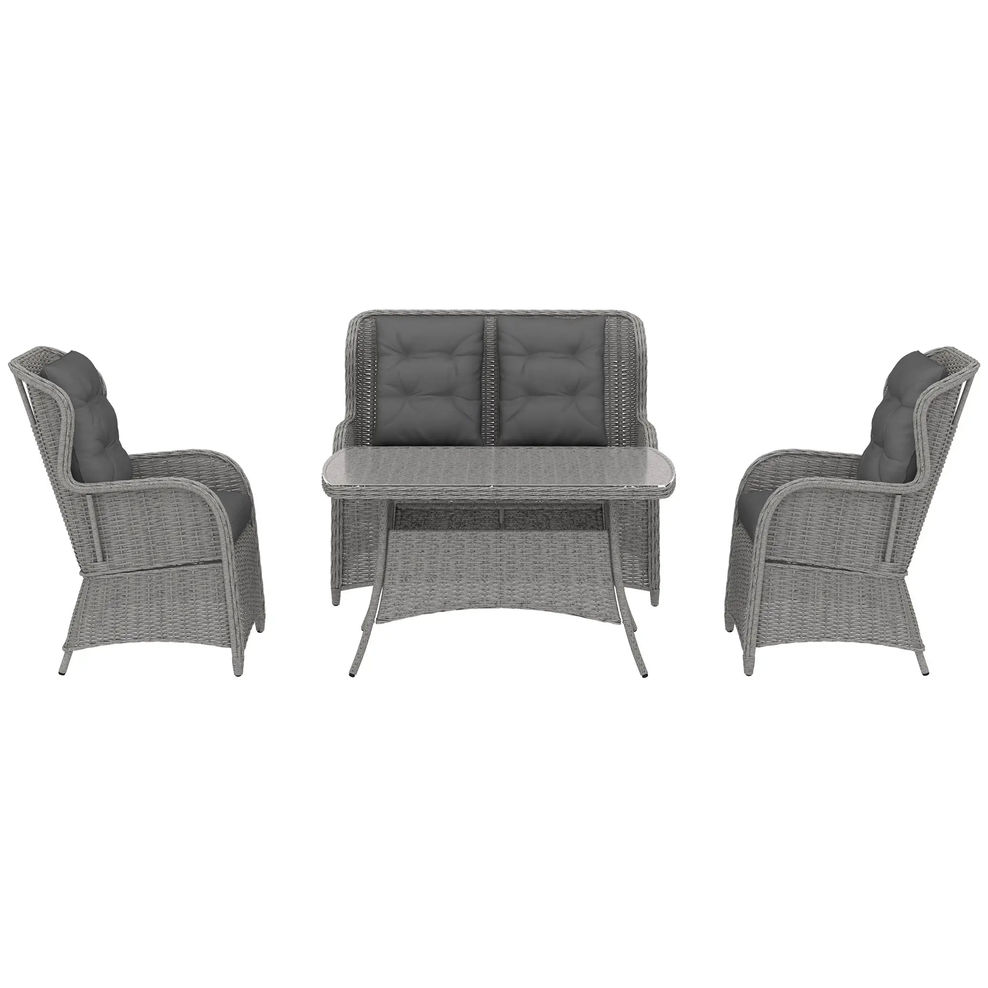 Garden PE Rattan Dining Sofa Set, Outdoor 4 Seater Wicker Furniture, High Back Chairs with Cushions, Tempered Glass Coffee Table for Patio, Light Grey